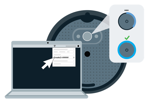 An illustration showing how the light ring will change from a cyan swirl to solid cyan once the robot is connected to the computer