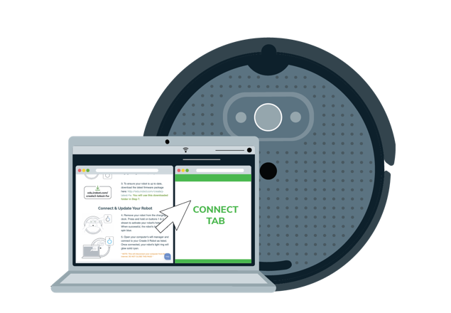 An illustration showing this guide and the robot's webserver on the "connect" page side by side on your computer screen